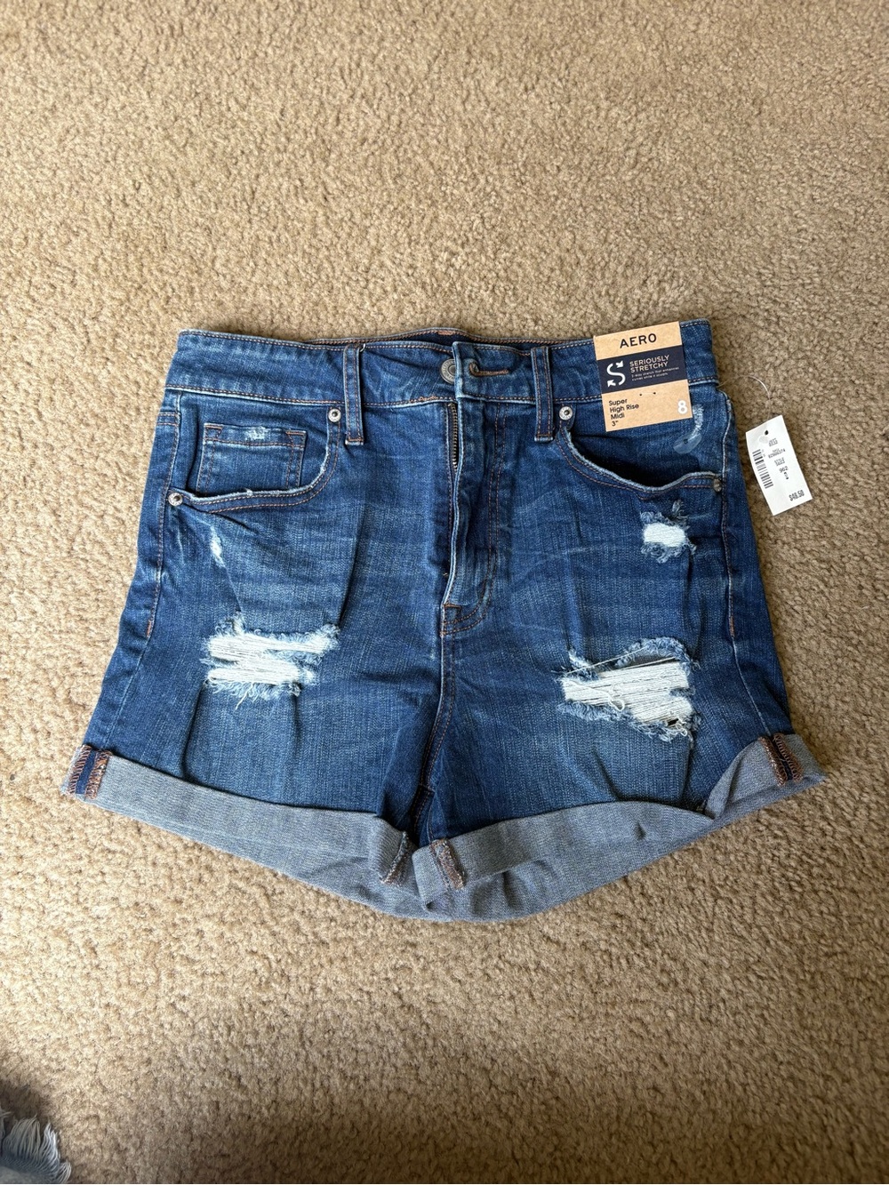 NWT- Aeropostale Super High Rise Distressed Rolled Cuff Denim Shorts - Blue